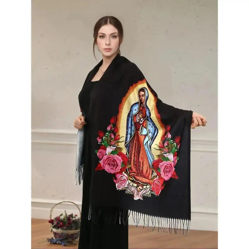 Virgin Mary Floral-Print Fringed Shawl - Black