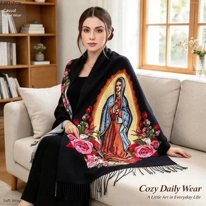 Virgin Mary Floral-Print Fringed Shawl - source design and use details
