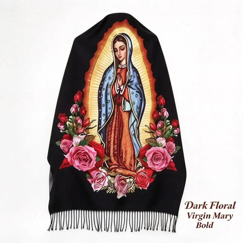 Virgin Mary Floral-Print Fringed Shawl - source design and use details
