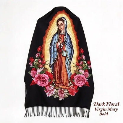 Virgin Mary Floral-Print Fringed Shawl - source design and use details