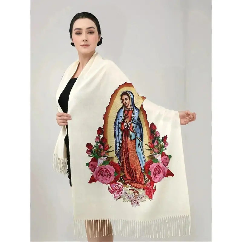 Virgin Mary Floral-Print Fringed Shawl - Beige