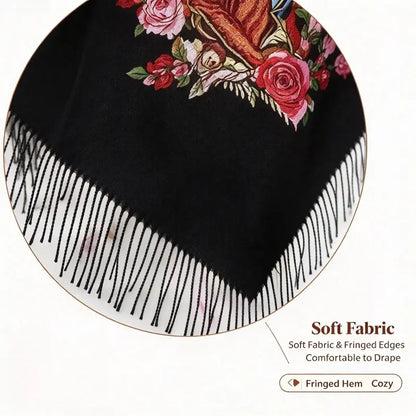 Virgin Mary Floral-Print Fringed Shawl - source design and use details