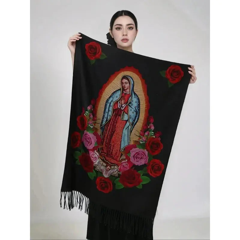Virgin Mary Floral-Print Fringed Shawl - Multicolor