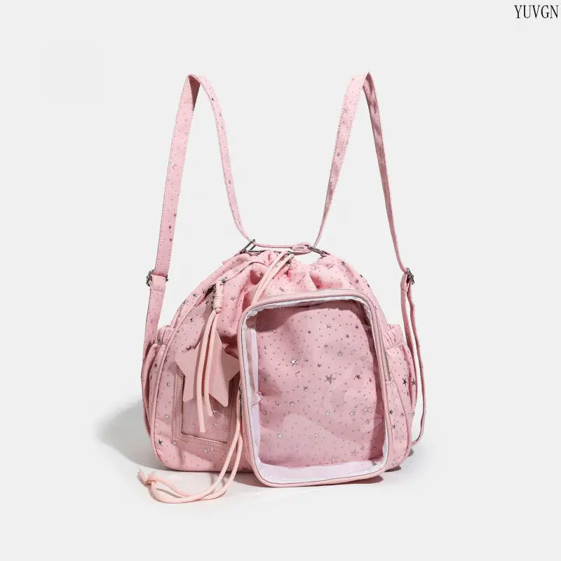 Pink Star-Print Drawstring Shoulder Bag - source design and use details