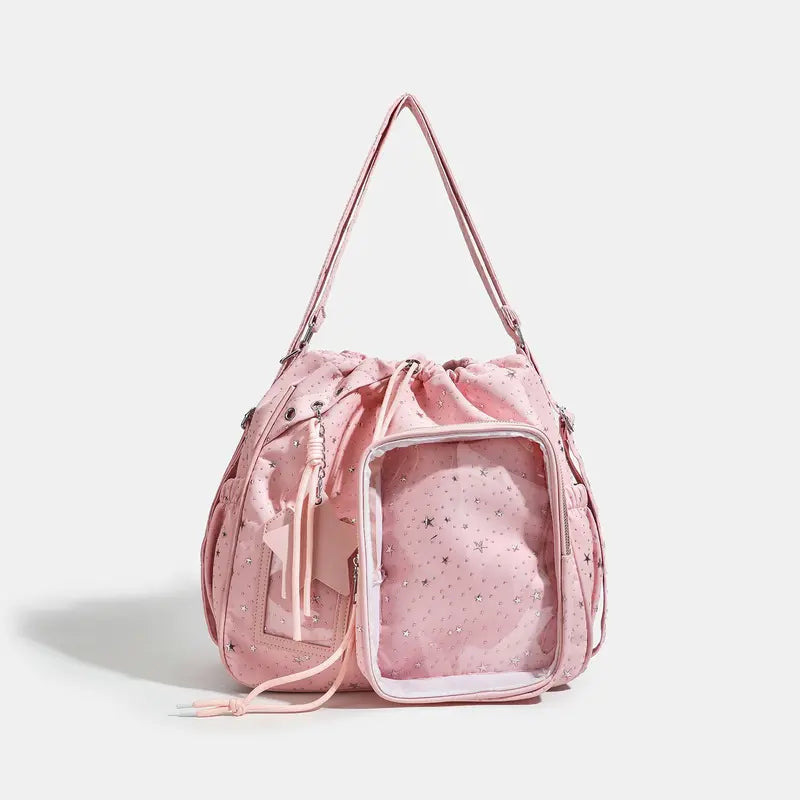 Pink Star-Print Drawstring Shoulder Bag - Pink