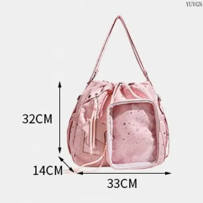 Pink Star-Print Drawstring Shoulder Bag - source design and use details