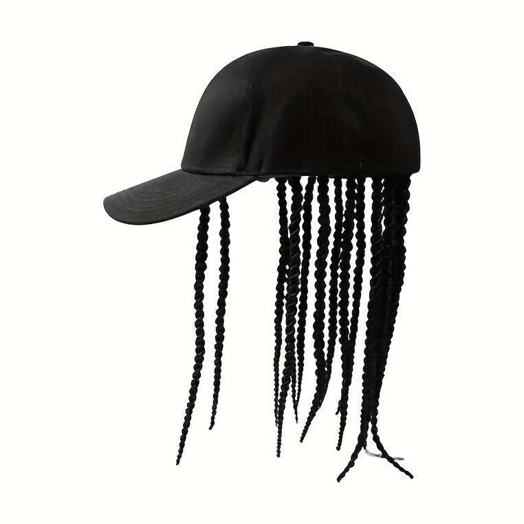 Black Baseball Cap with Integrated Braids - Black