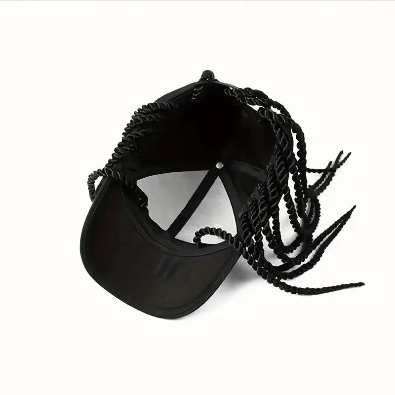 Black Baseball Cap with Integrated Braids - source design and use details