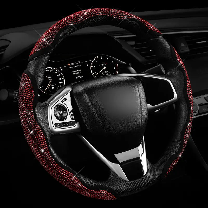 QUEEN'S LAND Rhinestone Segmented Steering Wheel Cover — Black with Red