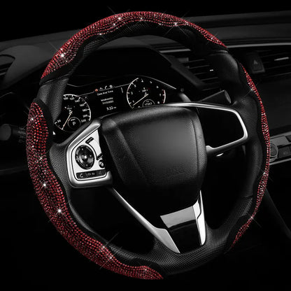 QUEEN'S LAND Rhinestone Segmented Steering Wheel Cover — Black with Red