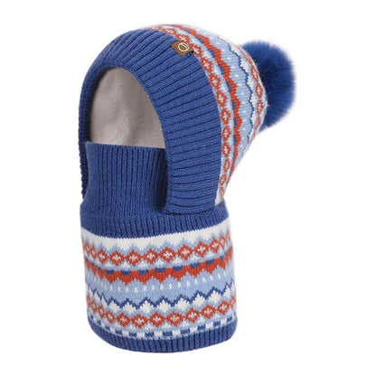Kids Patterned Knit Hood with Pom Pom — 2314-Blue