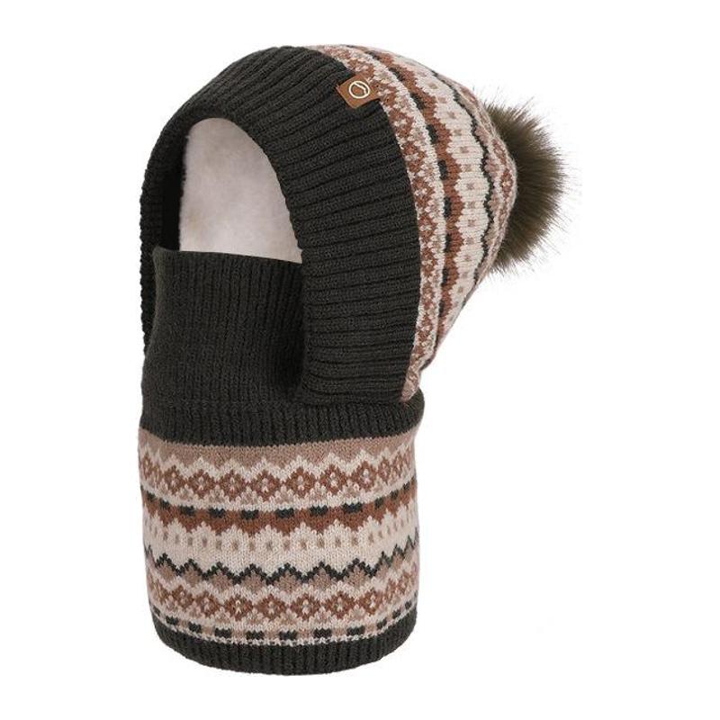 Kids Patterned Knit Hood with Pom Pom — 2314-Green Coffee