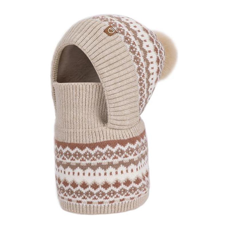 Kids Patterned Knit Hood with Pom Pom — 2314-Beige