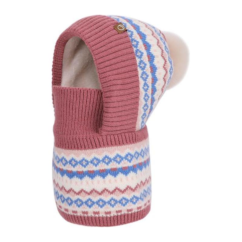 Kids Patterned Knit Hood with Pom Pom — 2314-leather red