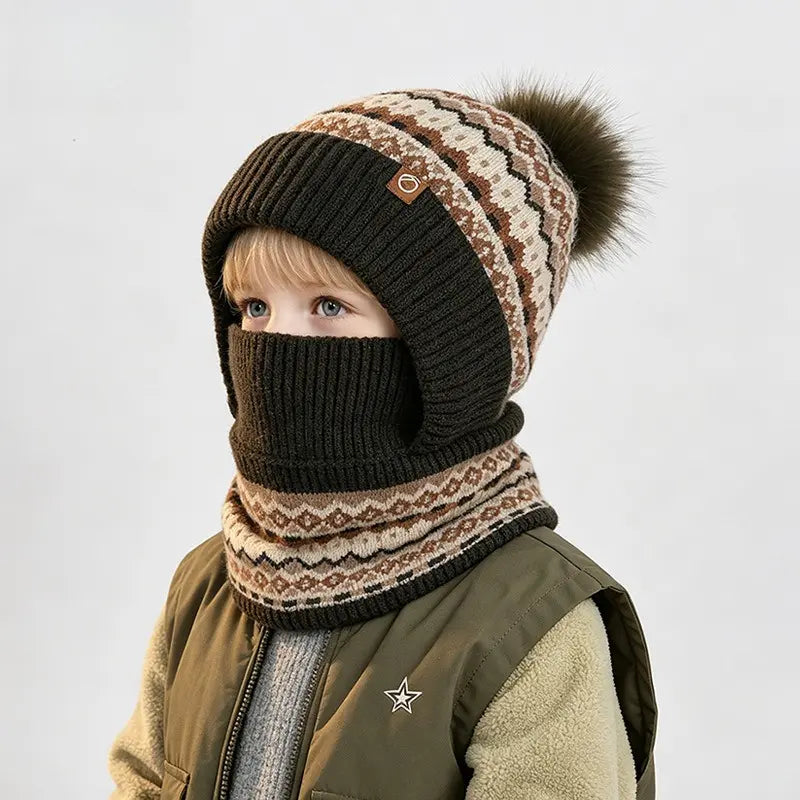 Kids Patterned Knit Hood with Pom Pom — 3