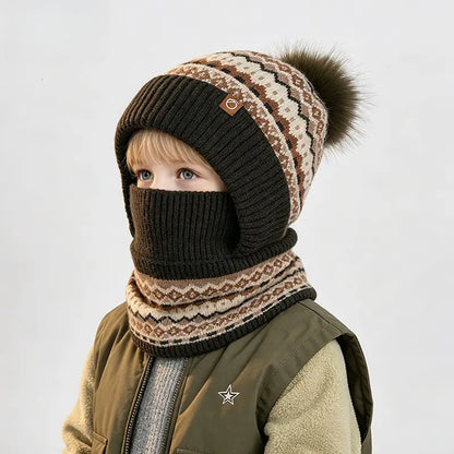 Kids Patterned Knit Hood with Pom Pom — 3