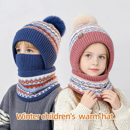 Kids Patterned Knit Hood with Pom Pom — 0