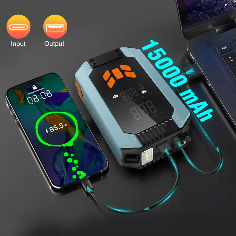 12V Car Jump Starter with Air Compressor and LCD Display