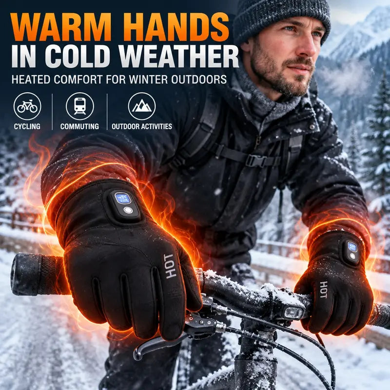 Black Rechargeable Full-Finger Heated Gloves - source design and use details