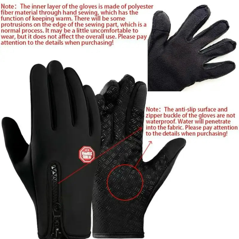 Black Zip-Cuff Touchscreen Winter Gloves - source design and use details
