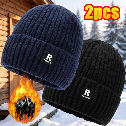 Two Piece Fleece Lined Cuffed Beanie Packs — Black + Navy Blue