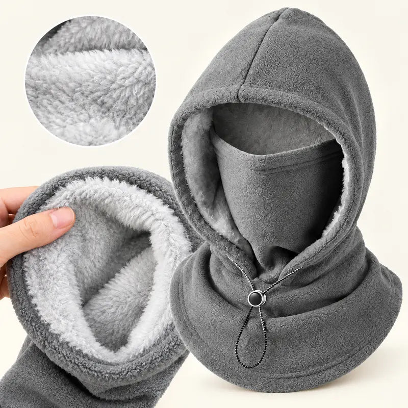 Dark Gray Fleece-Lined Hooded Face Cover - source design and use details