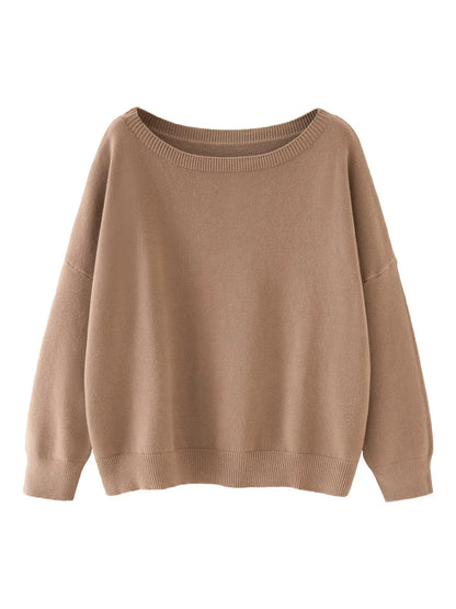 Scoop-Neck Drop-Shoulder Knit Sweater - Coffee brown original variant photo