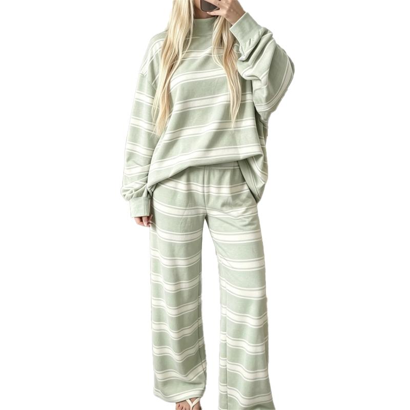 Striped Mock-Neck Top & Wide-Leg Pants Set - Light Green