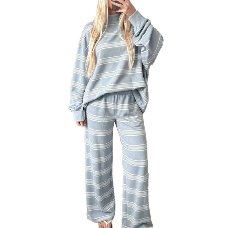 Striped Mock-Neck Top & Wide-Leg Pants Set - Light Blue