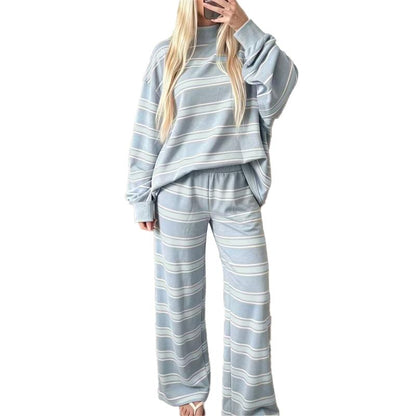 Striped Mock-Neck Top & Wide-Leg Pants Set - Light Blue