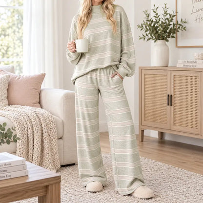 Striped Mock-Neck Top & Wide-Leg Pants Set - original gallery 6