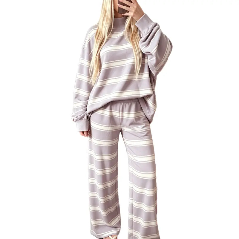 Striped Mock-Neck Top & Wide-Leg Pants Set - original gallery 9