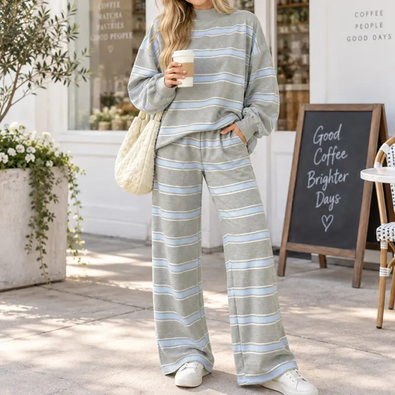 Striped Mock-Neck Top & Wide-Leg Pants Set - original gallery 4