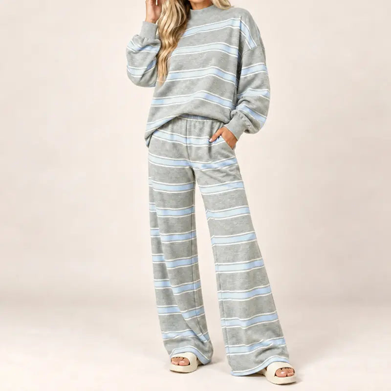 Striped Mock-Neck Top & Wide-Leg Pants Set - original gallery 2