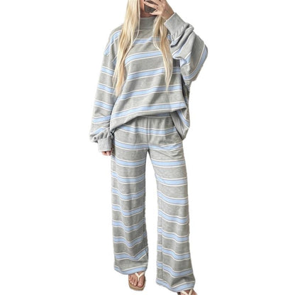 Striped Mock-Neck Top & Wide-Leg Pants Set - Grey