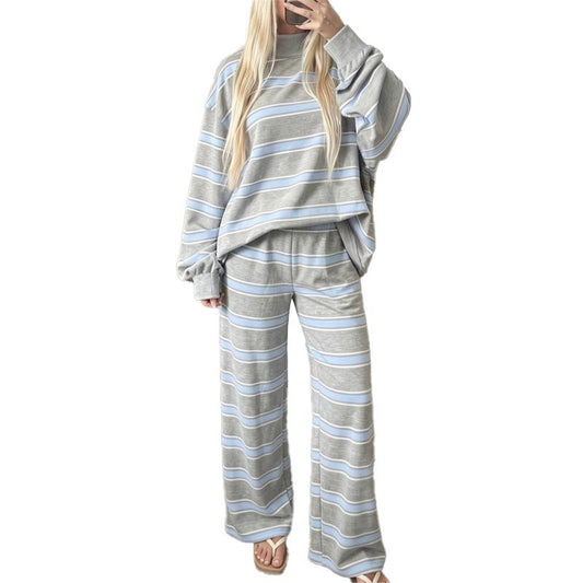 Striped Mock-Neck Top & Wide-Leg Pants Set - Grey