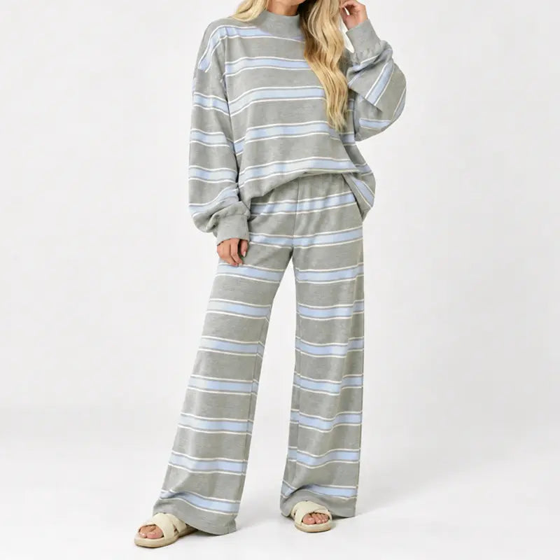 Striped Mock-Neck Top & Wide-Leg Pants Set - original gallery 1