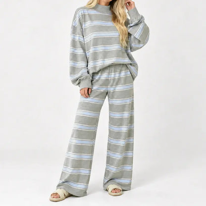 Striped Mock-Neck Top & Wide-Leg Pants Set - original gallery 1