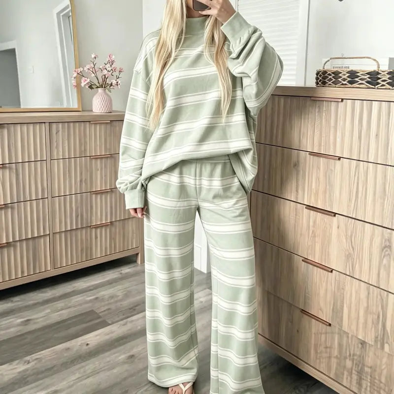 Striped Mock-Neck Top & Wide-Leg Pants Set - original gallery 8