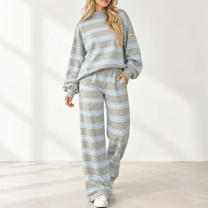Striped Mock-Neck Top & Wide-Leg Pants Set - original gallery 3