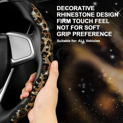 QUEEN'S LAND Black Leopard Rhinestone Steering Wheel Cover