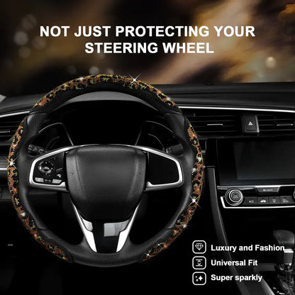 QUEEN'S LAND Black Leopard Rhinestone Steering Wheel Cover