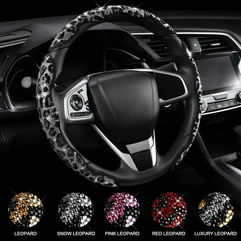 QUEEN'S LAND Black Leopard Rhinestone Steering Wheel Cover