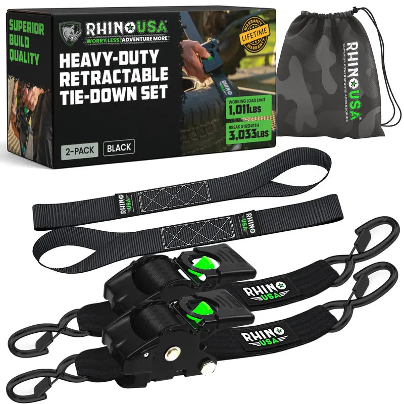 Rhino USA Black Retractable Ratchet Strap — 1 Strap — Black