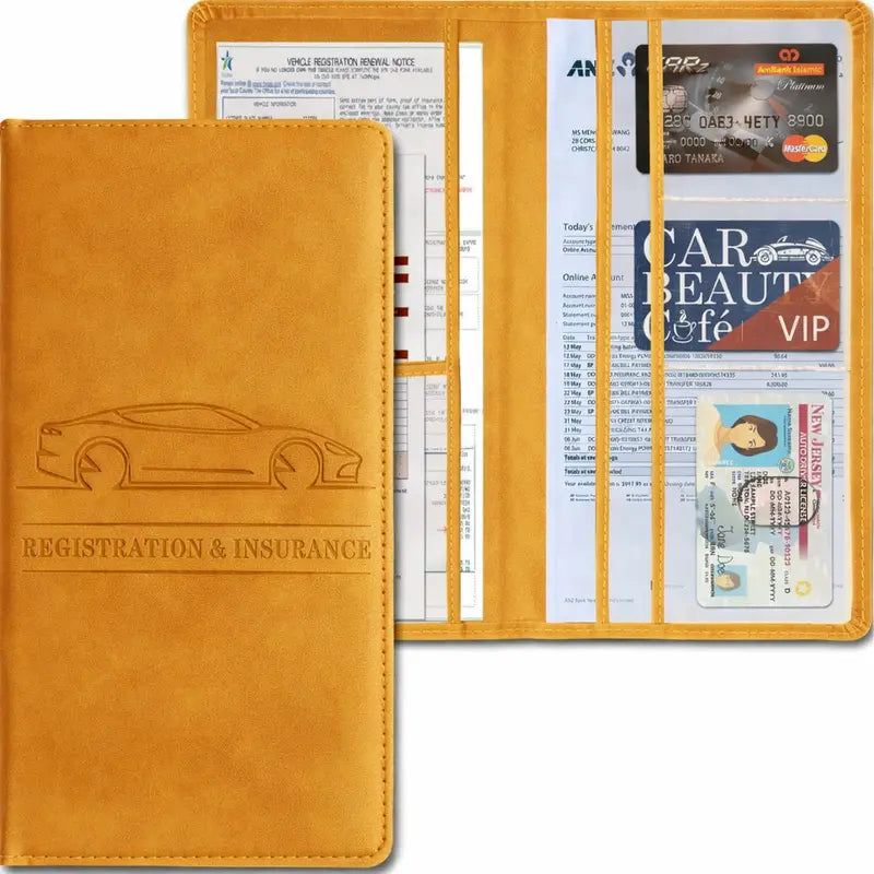 PU Leather Vehicle Registration and Insurance Organizer — yellow