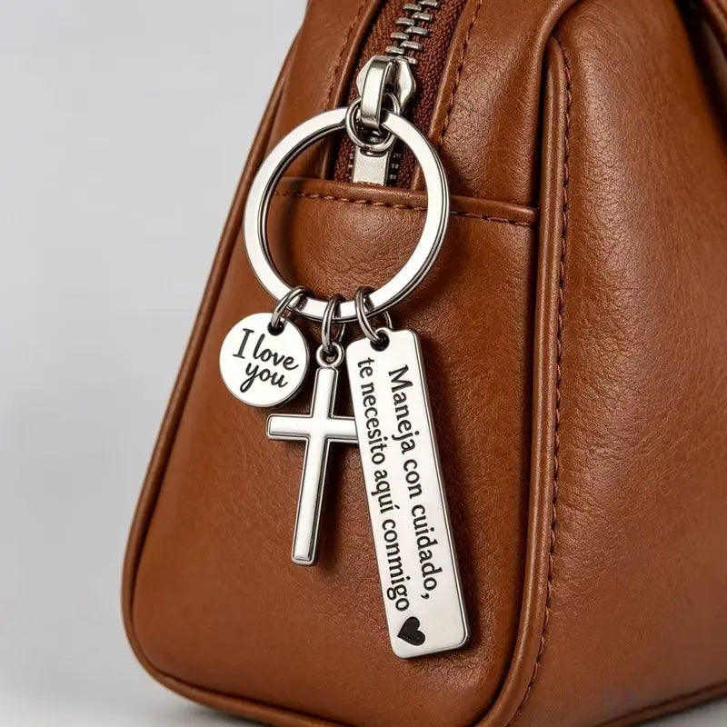 Spanish Drive-Safe Keychains with Cross Charm — Two-Piece Set