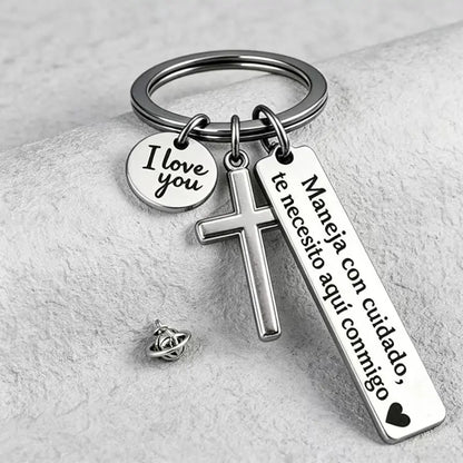 Spanish Drive-Safe Keychains with Cross Charm — Two-Piece Set