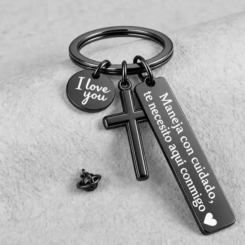 Spanish Drive-Safe Keychains with Cross Charm — Two-Piece Set — Drive Safely Keychain- Black