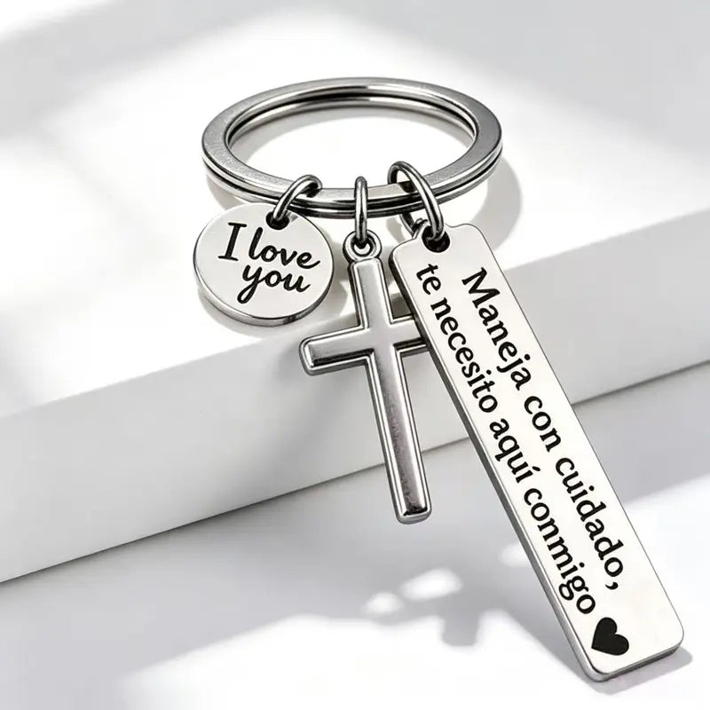 Spanish Drive-Safe Keychains with Cross Charm — Two-Piece Set