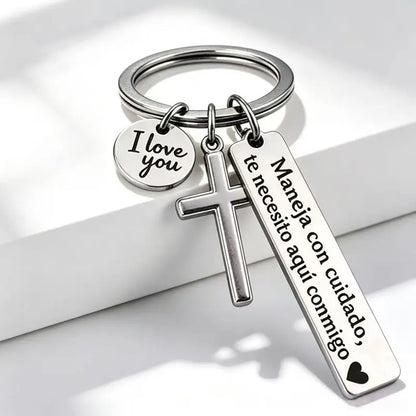 Spanish Drive-Safe Keychains with Cross Charm — Two-Piece Set